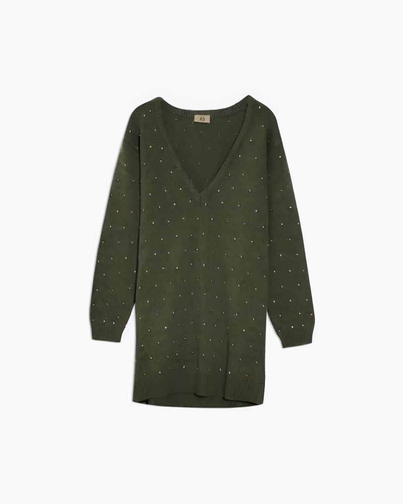 ABITO DONNA SCOLLO V OVERSIZE CON STRASS APPLICATI VERDE JIJIL K007 VERDE MILITARE JIJIL 