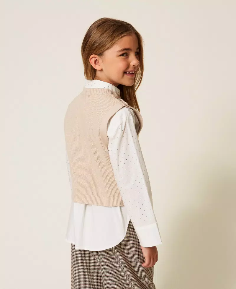 GILET BAMBINA IN MAGLIA CON COTTONI LOGATI BEIGE TWINSET 252GJ3062 BISCUIT TWINSET KIDS 
