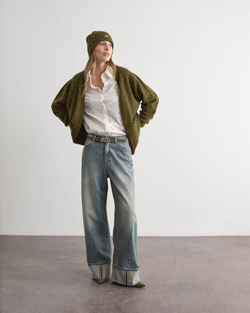 PANTALONE DONNA IN DENIM PALAZZO CON RISVOLTO SUL FONDO  JIJIL PJ048 DENIM ACID JIJIL 