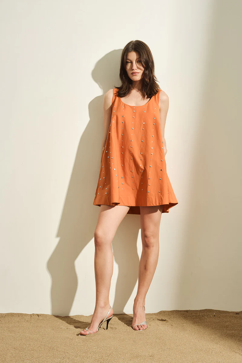 ABITO DONNA CORTO CON BORCHIE APPLICATE ARANCIONE JIJIL AB079 ARANCIONE JIJIL 