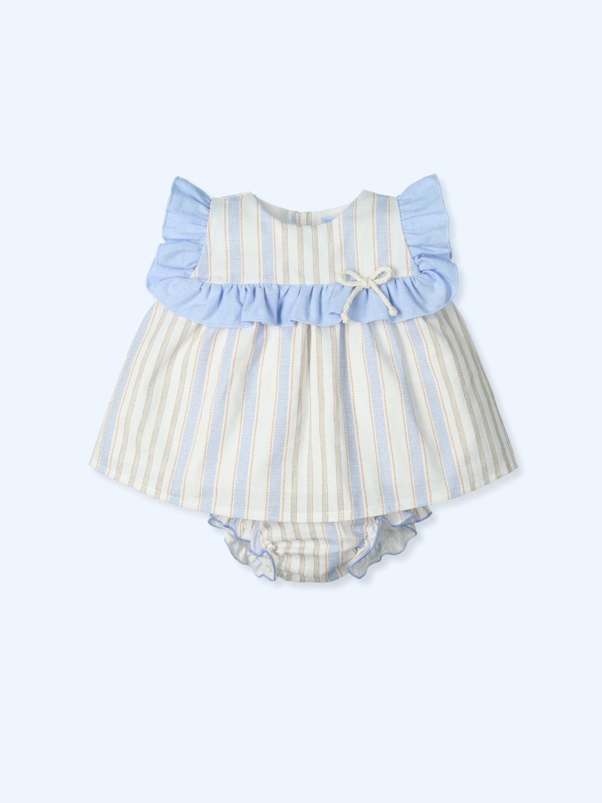 cordinato con camicetta in cotone rigata con fiocchi, volant e culotte