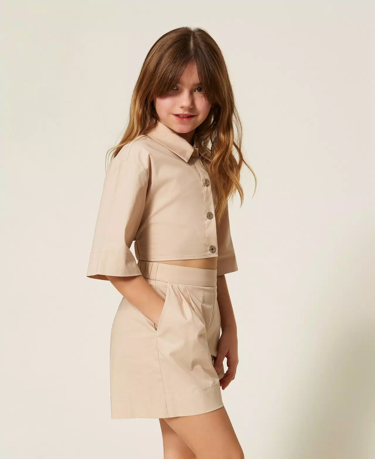 COORDINATO CAMICIA E SHORTS in popeline beige twinset 261GJ2014 SAFARI TWINSET KIDS 