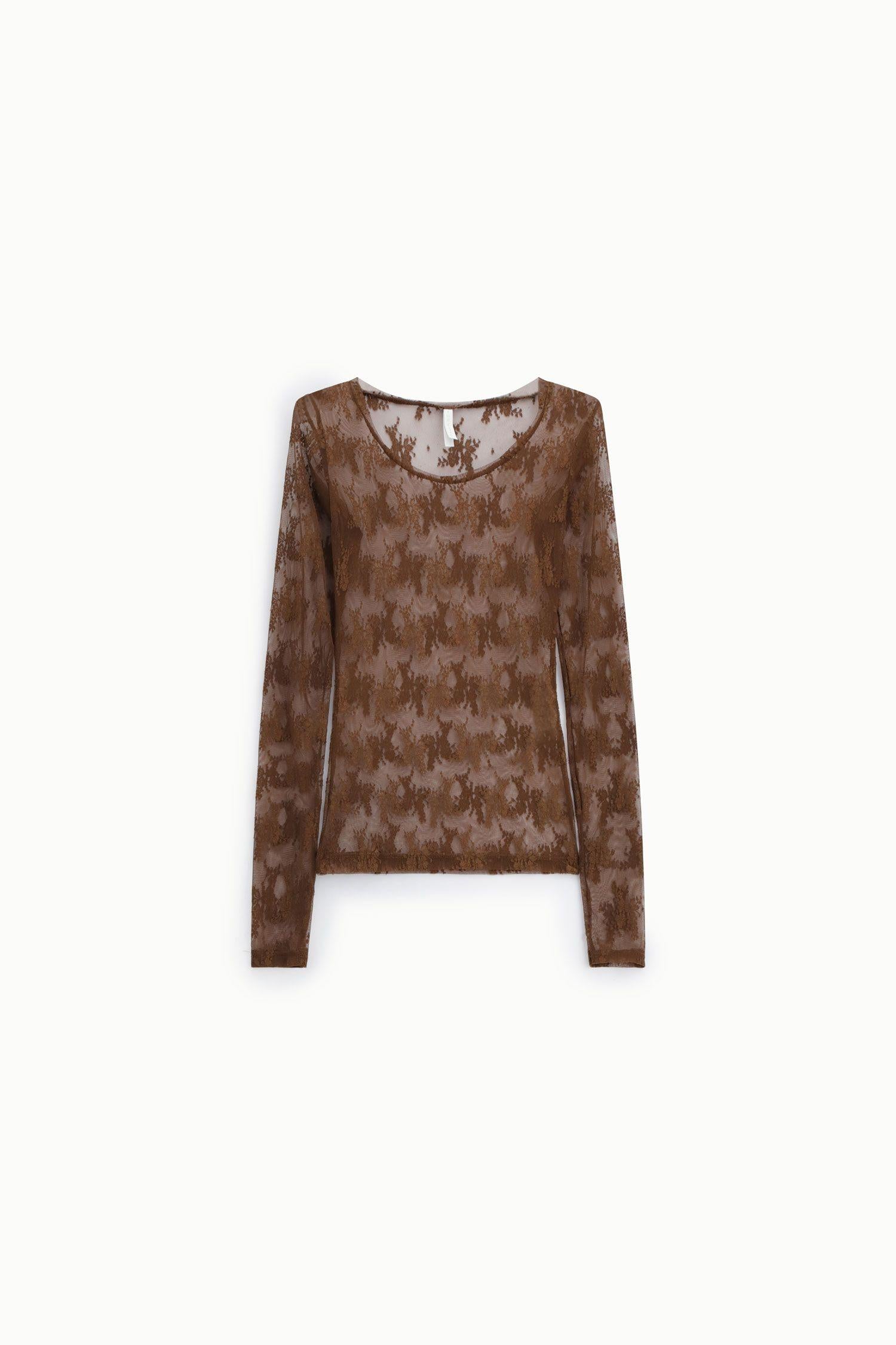 MAGLIA DONNA MANICA LUNGA TRSPRENTE IN PIZZO CACAO IMPERIAL TW91LMX CACAO IMPERIAL 
