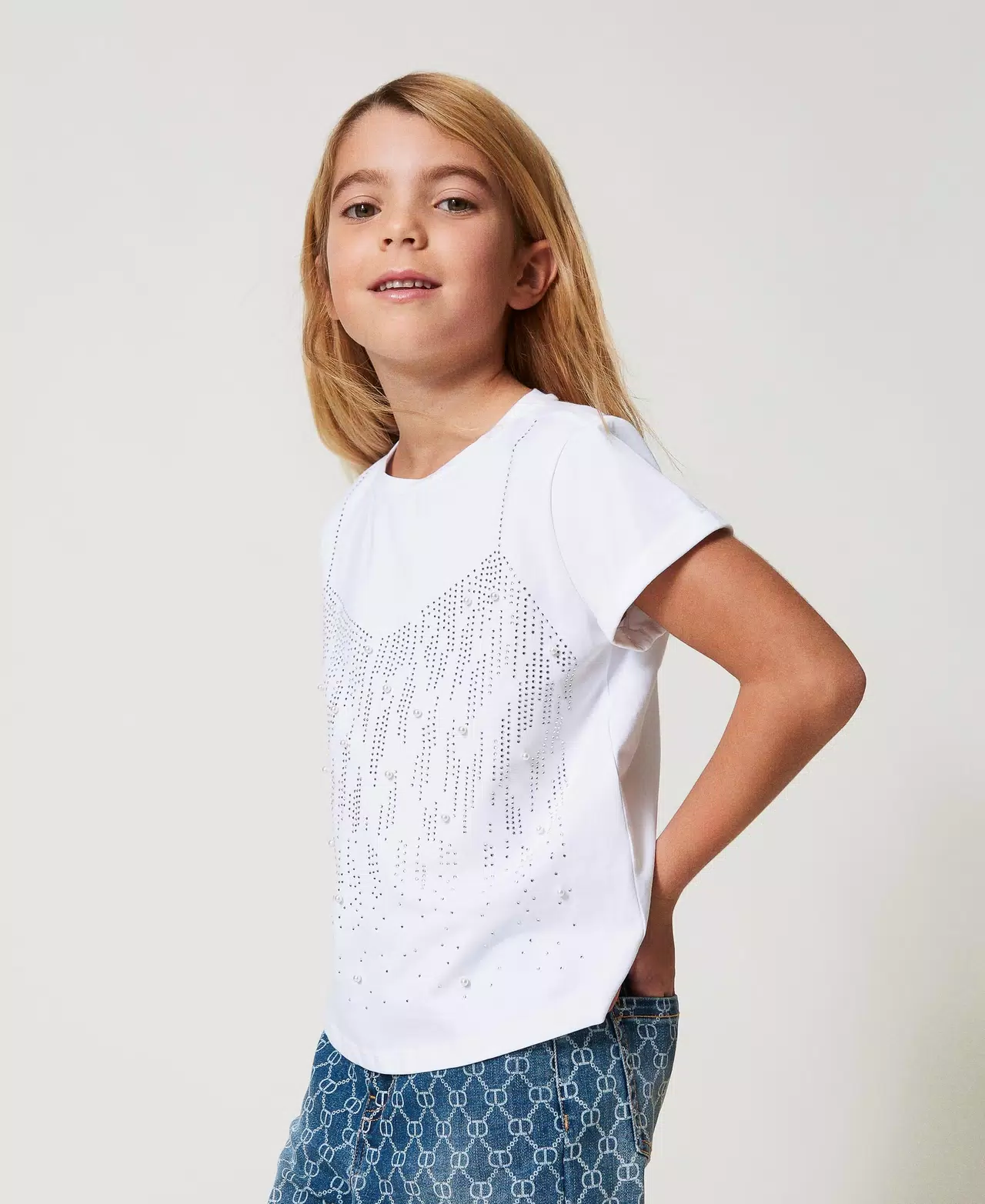 T-shirt con strass e perle 251GJ2486 BIANCO TWINSET KIDS 