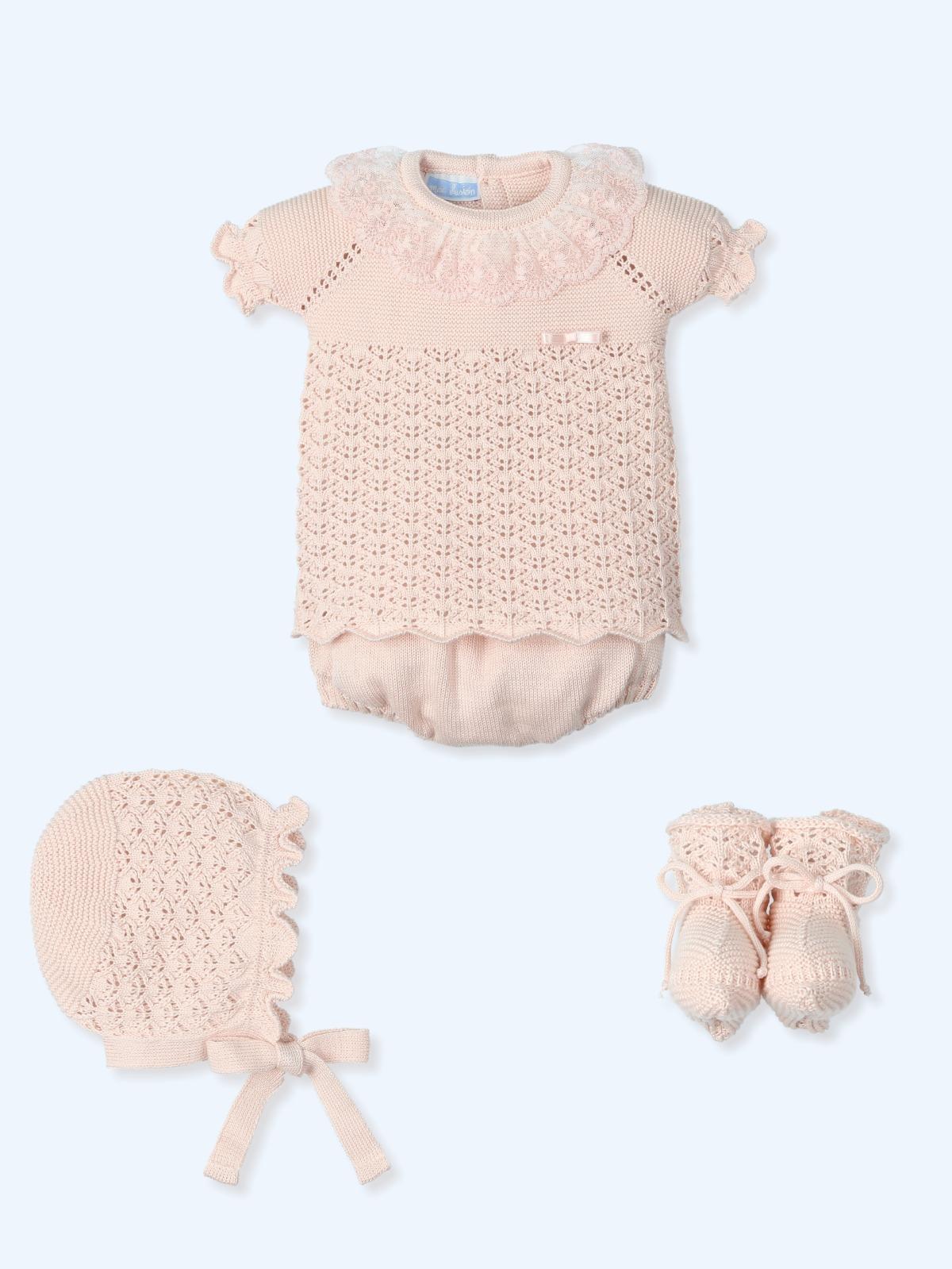 Cooridinato lavorato a maglia a maniche corte con colletto con volant in tulle con culotte ,cuffia e stivaletti 9637 NUDE MAC ILUSION KIDS 