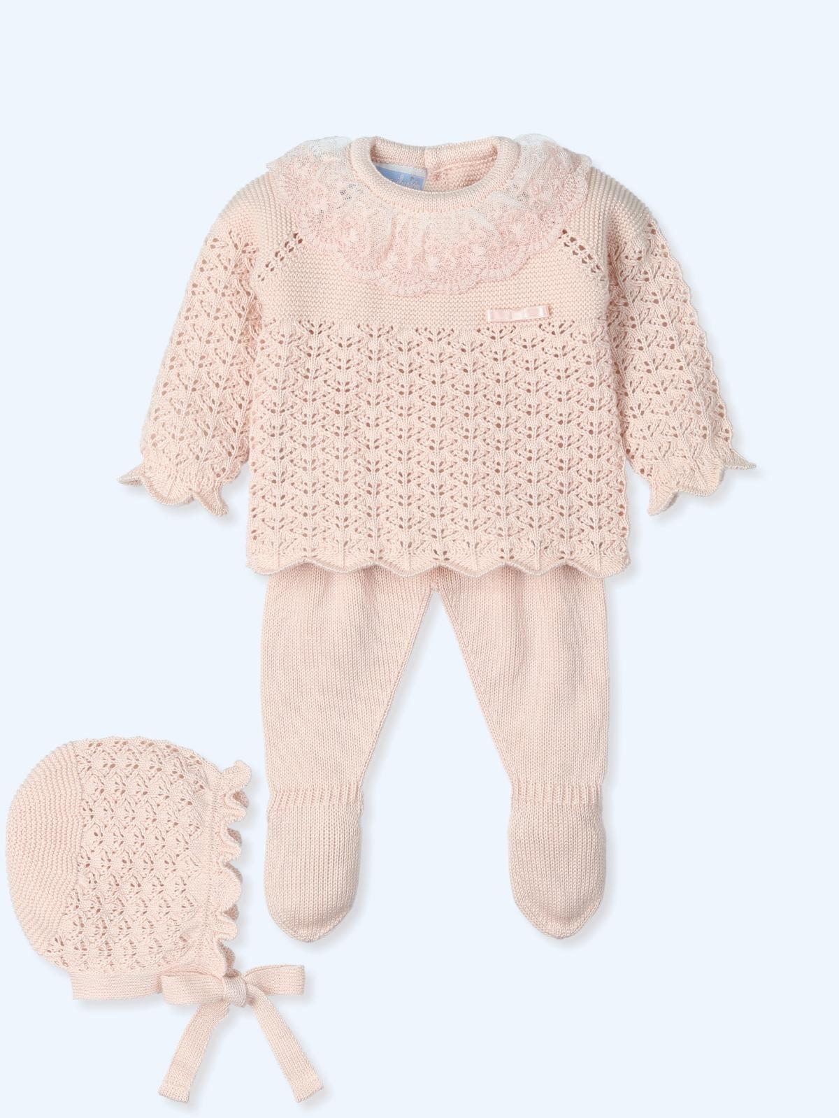 Cooridinato lavorato a maglia a maniche lunghe con colletto con volant in tulle, leggins, completo di cuffia 9614 NUDE MAC ILUSION KIDS 