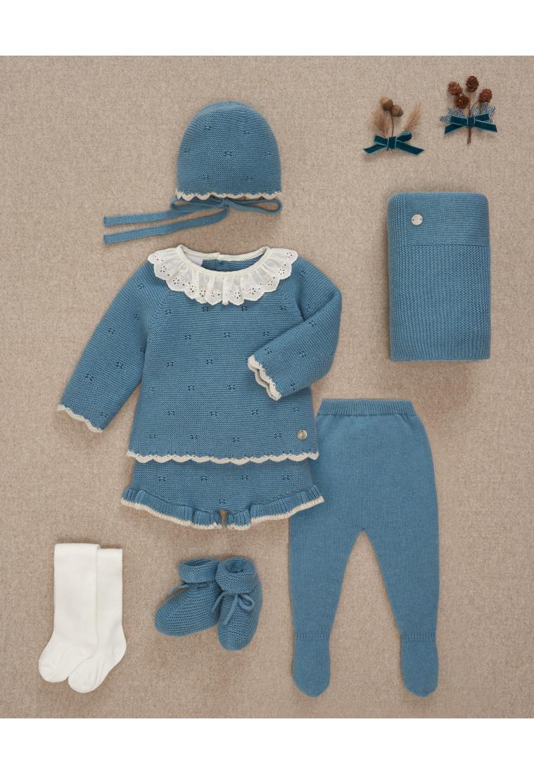 COORDINATO NEONATA MAGLIA CON COLLO E PANTALONCINO IN LANA PETROLIO PAZ RODRIGUEZ 103C-123123 UNICO PAZ RODRIGUEZ 