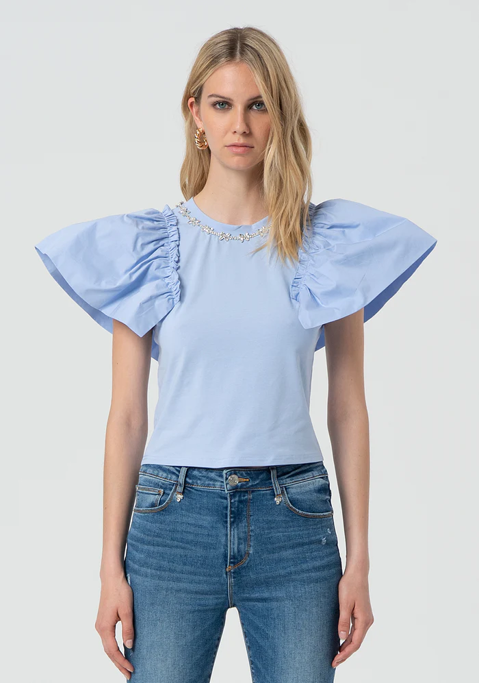 T-shirt regular in jersey con gale in popeline su giromanica FR25ST3030J401V5 SKY FRACOMINA 