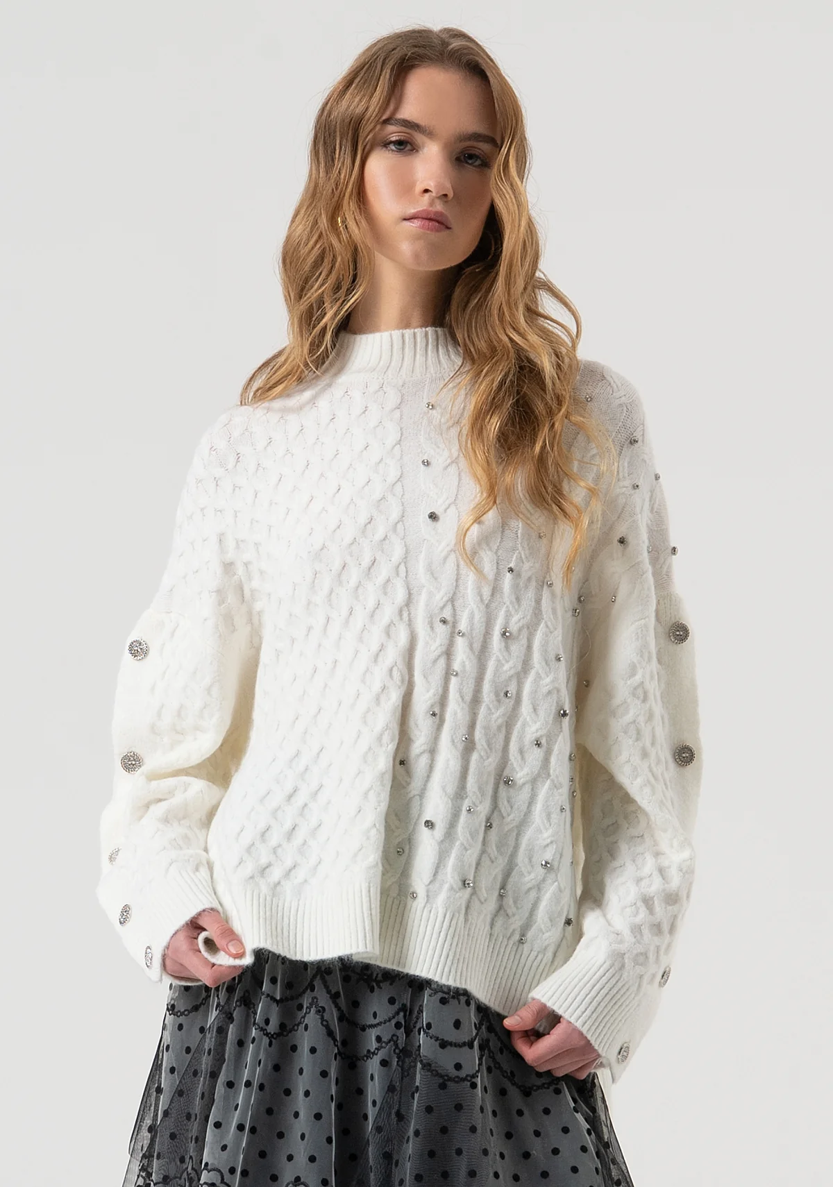 MAGLIA DONNA OVERSIZE CON STRASS APPLICATI CREAM FRACOMINA FR25WT7037K47101 CREAM FRACOMINA 