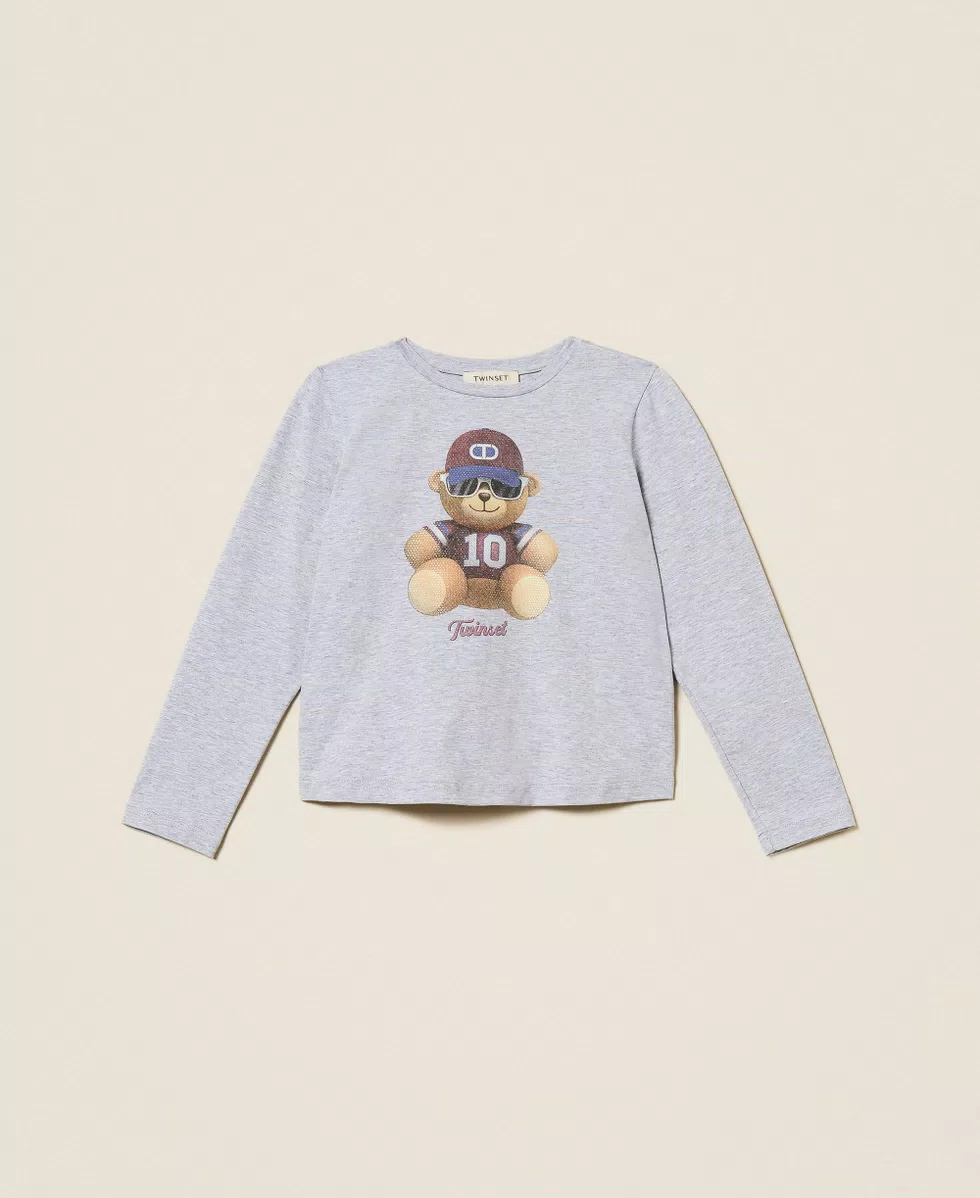 T-SHIRT BAMBINA CON STAMPA ORSO CON STRASS GRIGIA TWINSET 252GJ2321 GRIGIO MELANGE CHIARO TWINSET KIDS 