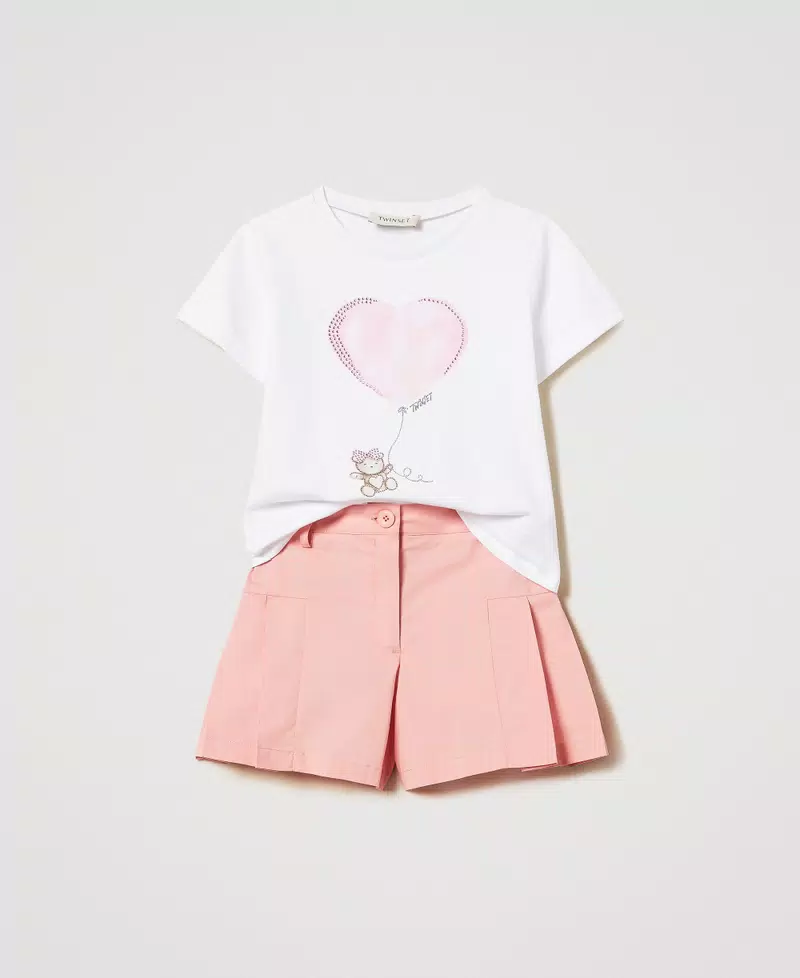 T-shirt con stampa e shorts in popeline 251gj242c BIANCO-ROSA TWINSET KIDS 