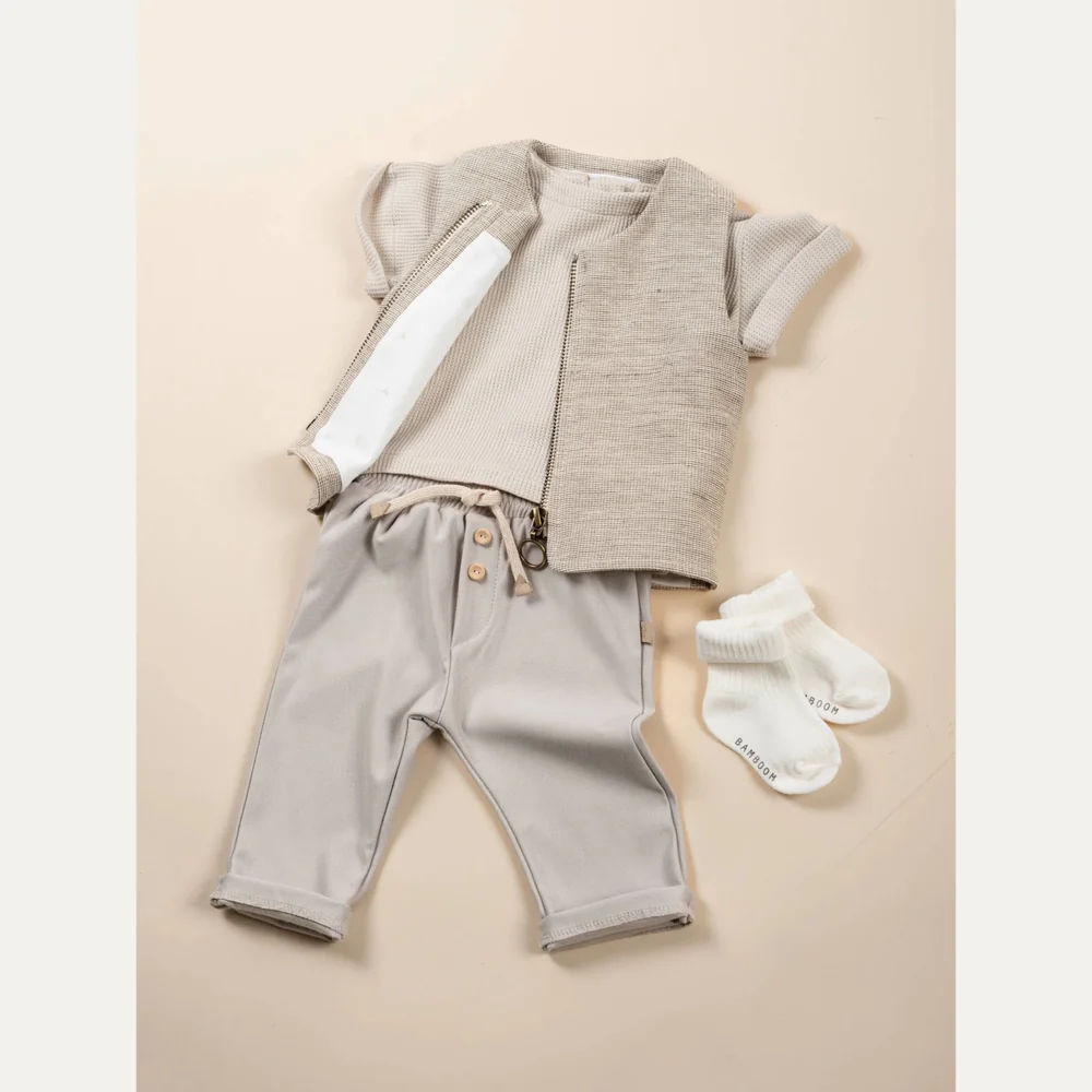 pantalone neonato con elastico e bottoni decorativi light sand bamboom 1128TE LIGHT SAND BAMBOOM 