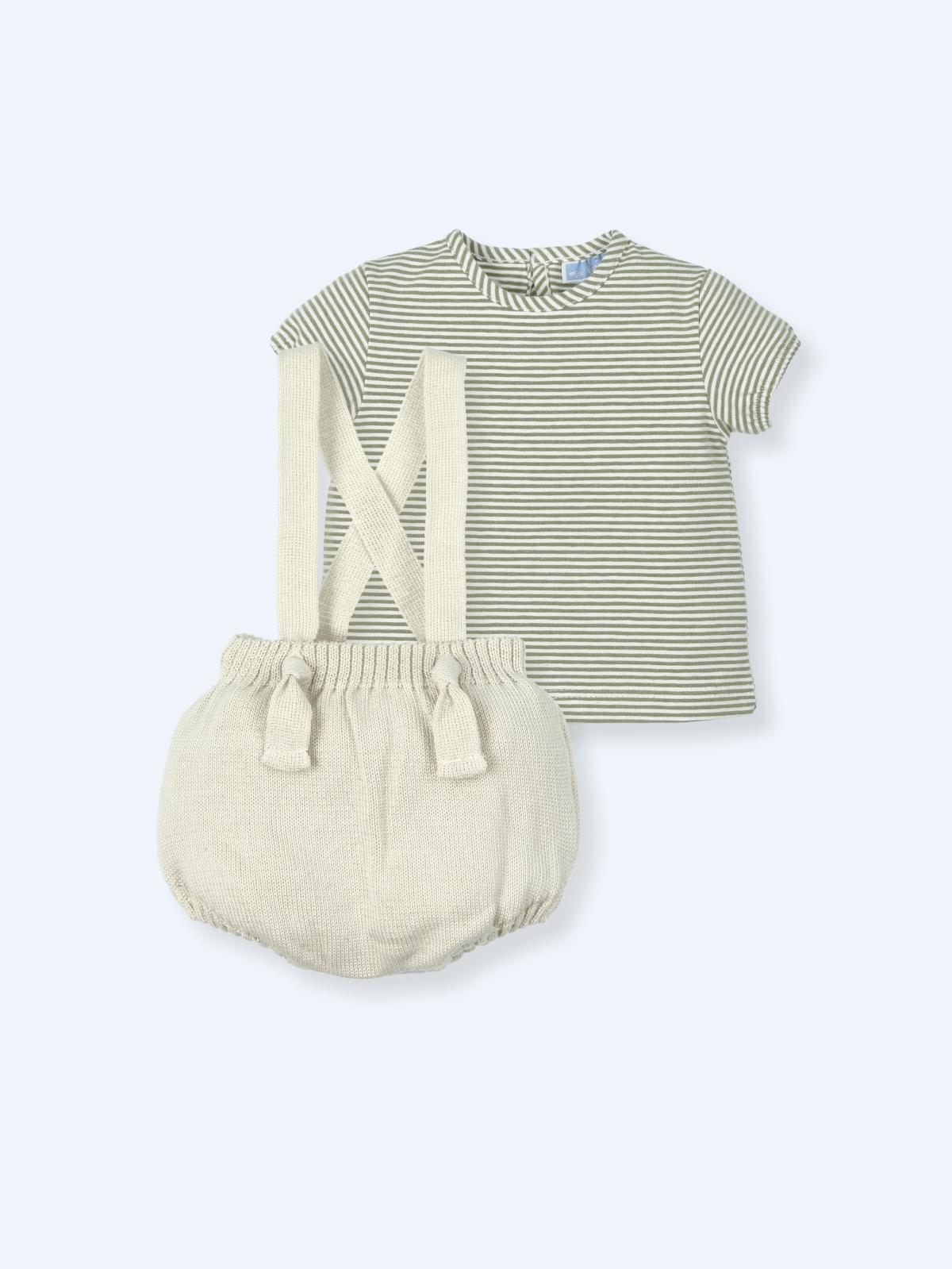 KNIT JUMPSUIT WITH SHOULDER STRIPES AND STRIPED COTTON T-SHIRT