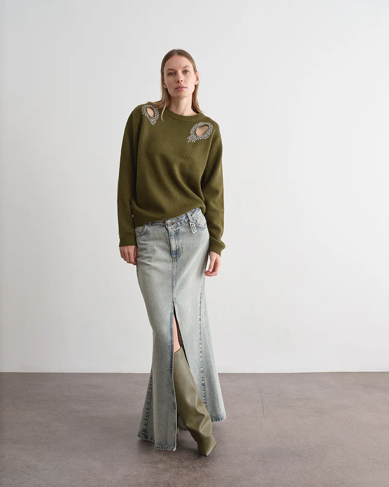 MAGLIA DONNA IN LANA STRASS BUCHI VERDE JIJIL MK029 VERDE JIJIL 