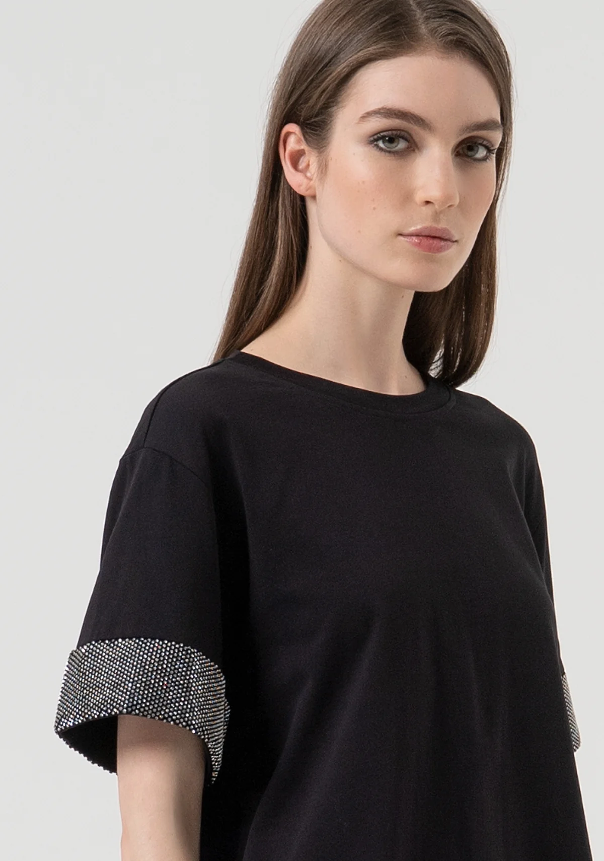 T-SHIRT DONNA OVER SIZE CON STRASS SULLE MANICHE NERA FRACOMINA FR25WT3057J400R9 BLACK FRACOMINA 