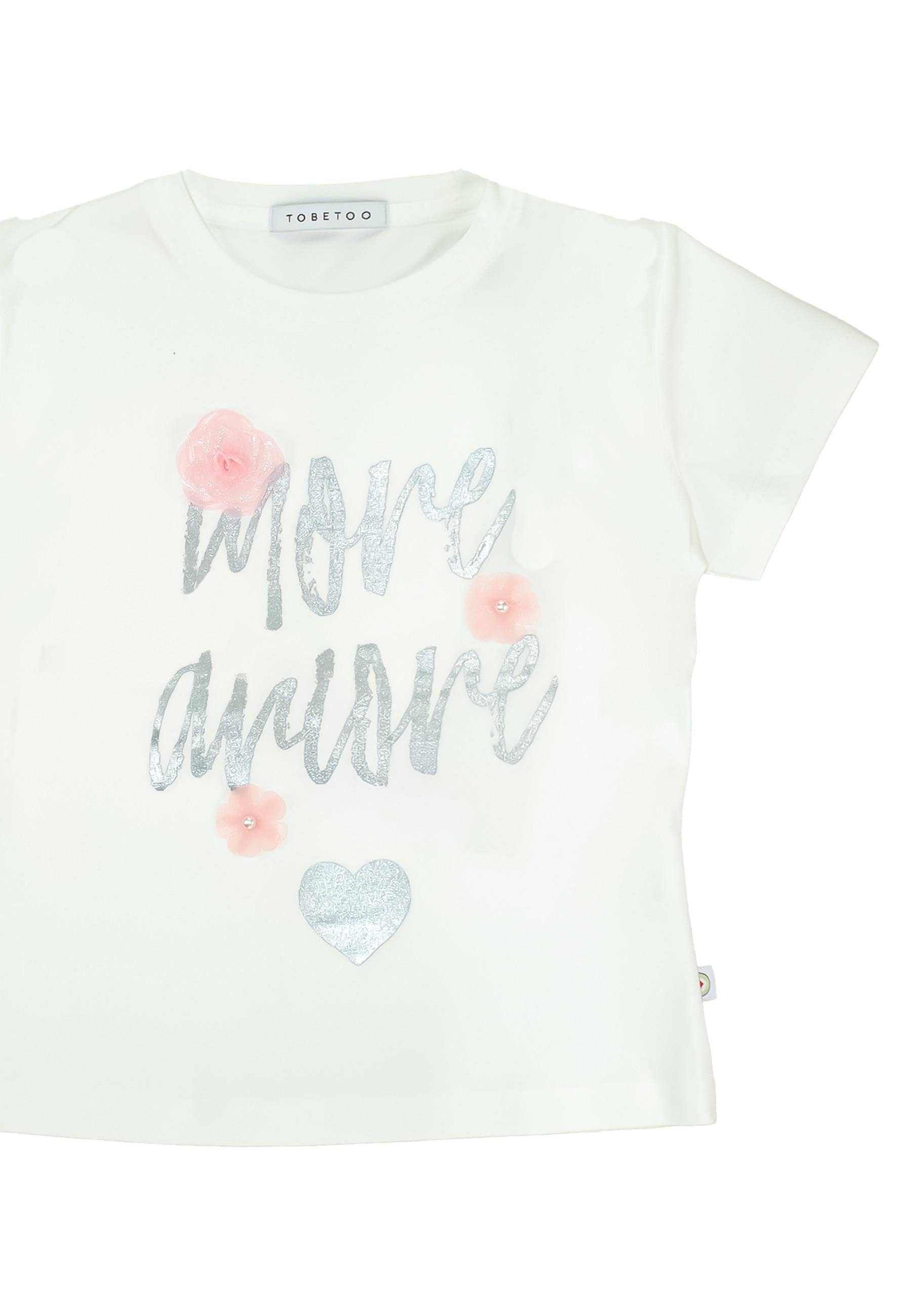 t-shirt BAMBINA CON SCRITTA E FIORI APPLICATI BIANCO TO BE TOO TB1597T LATTE TO BE TOO 