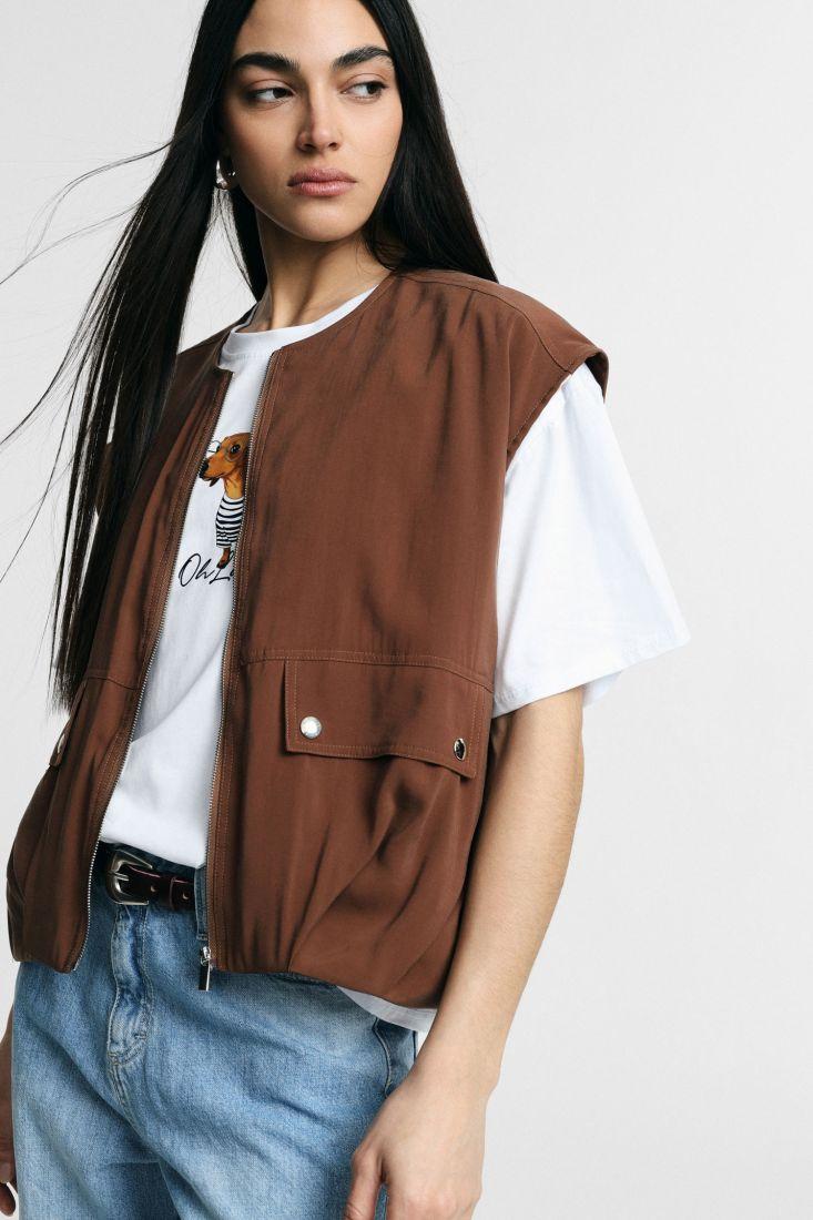 GILET DONNA CON ZIP E TASCHE FRONTALI TABACCO PLEASE L0FDDVS000 TABACCO PLEASE 