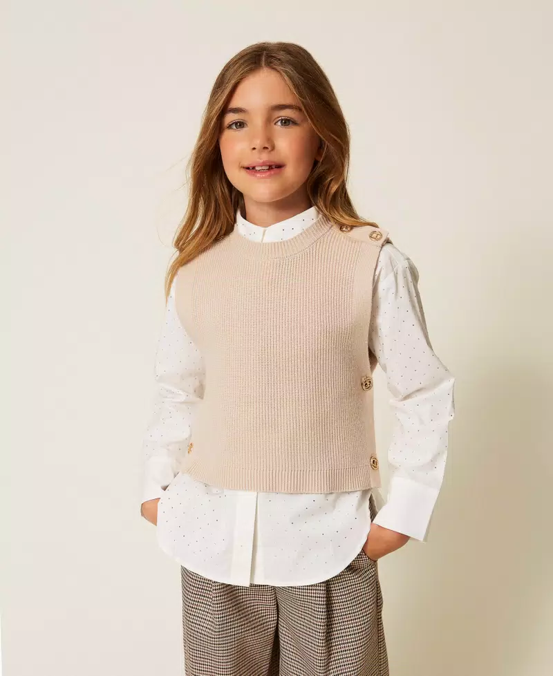 GILET BAMBINA IN MAGLIA CON COTTONI LOGATI BEIGE TWINSET 252GJ3062 BISCUIT TWINSET KIDS 