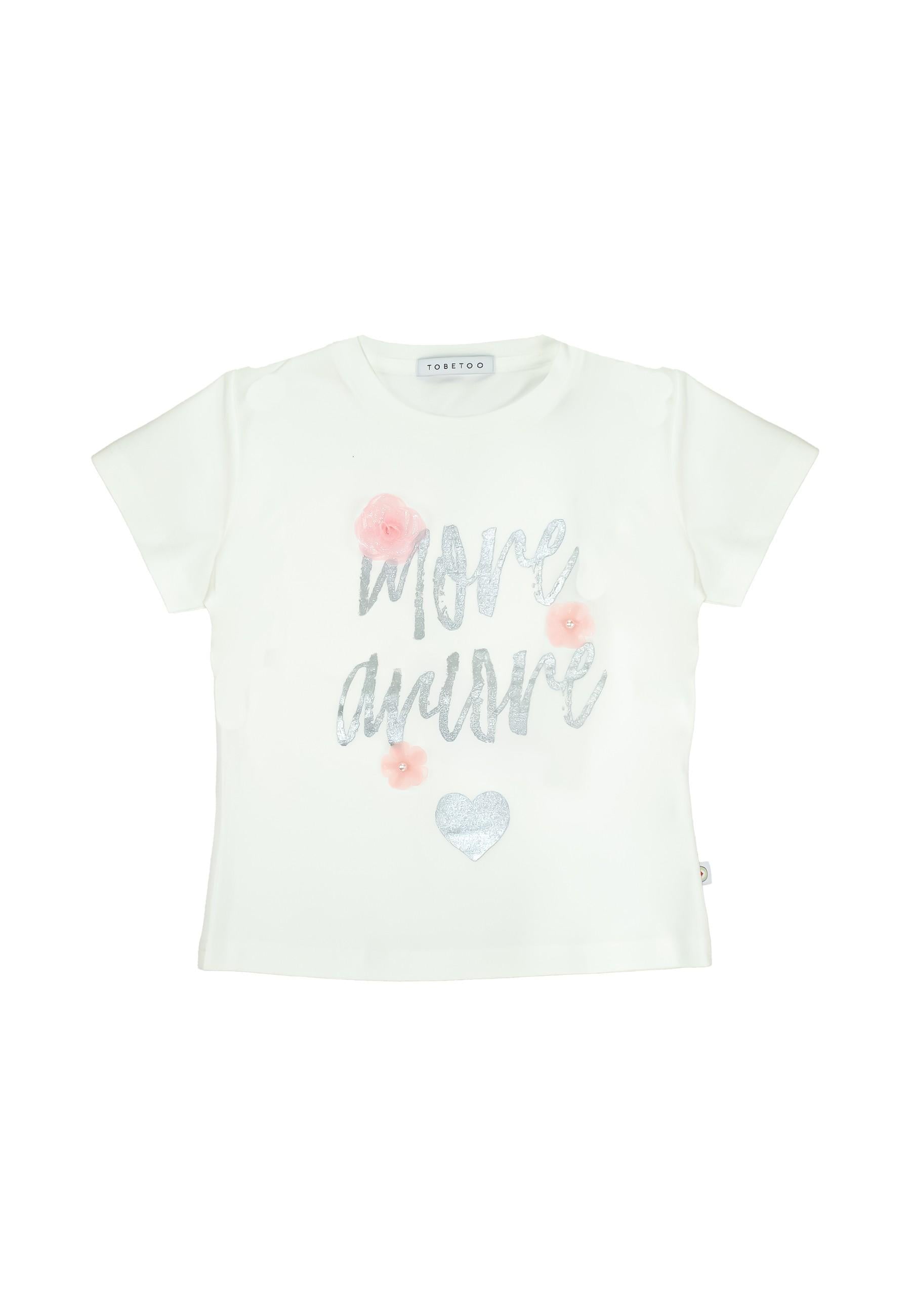 t-shirt BAMBINA CON SCRITTA E FIORI APPLICATI BIANCO TO BE TOO TB1597T LATTE TO BE TOO 