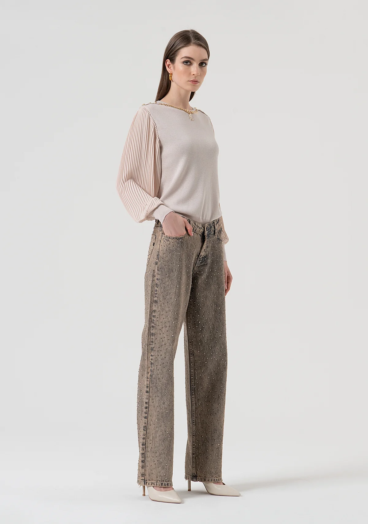 MAGLIA DONNA IN LUREX CON MANICHE IN PLISSE VANIGLIA FRACOMINA FR25WT7027K459Q7 VANILLA LUREX FRACOMINA 