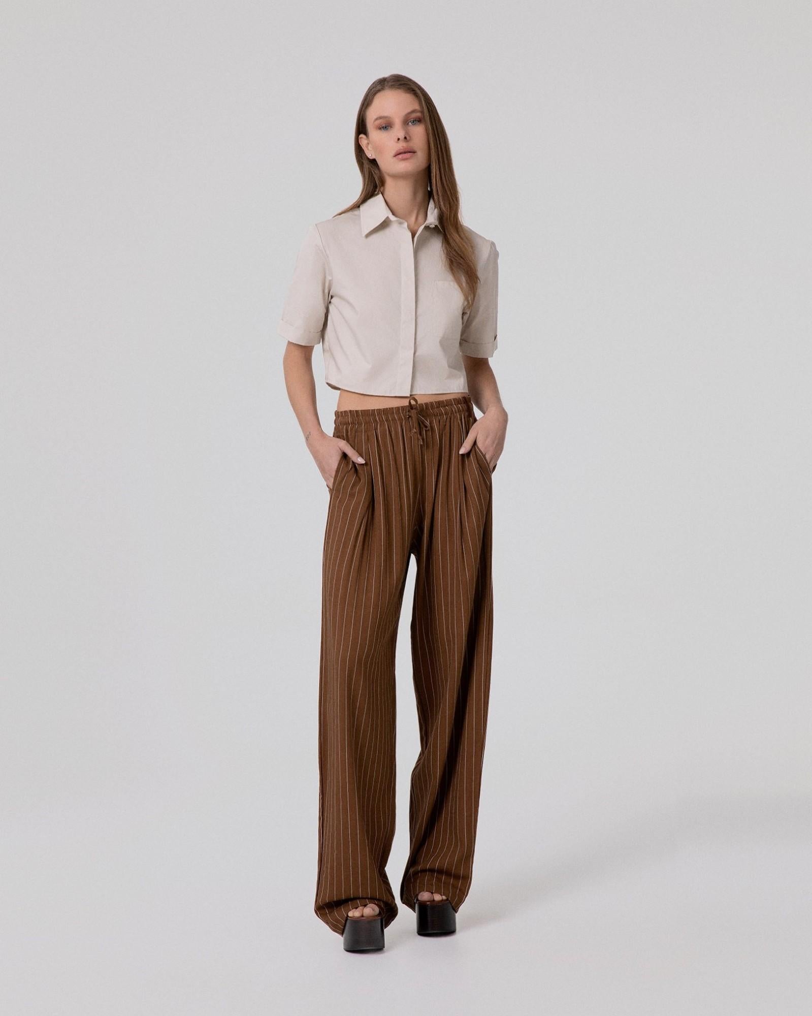 PANTALONE DONNA IN LINO GESSATO OVER CON COULISSE MOKA HINNOMINATE HMABW02656 MOKA HINNOMINATE 
