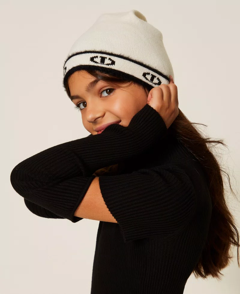 CAPPELLO BAMBINA CUFFIA CON BANDA LOGO OVAL BIANCO TWNSET 252GJ501H WHITE\BLACK TWINSET KIDS 