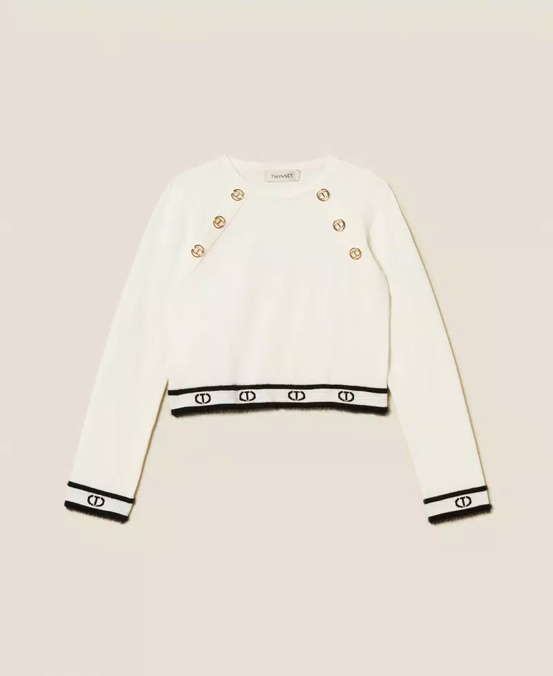 magliaBAMBINA CROPPED IN MAGLIA CON logo ovaL e bottoni ORO NERA TWINSET 252GJ3073 BIANCO-NERO TWINSET KIDS 