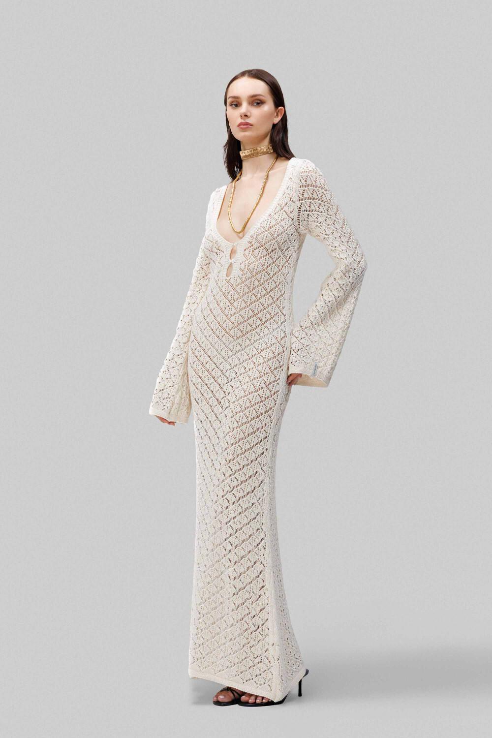 ABITO DONNA LUNGO MANICA LUNGA A TROMBETTA IN MAGLIA TRAFORATO BIANCO HINNOMINATE HMABW02673 BIANCO HINNOMINATE 