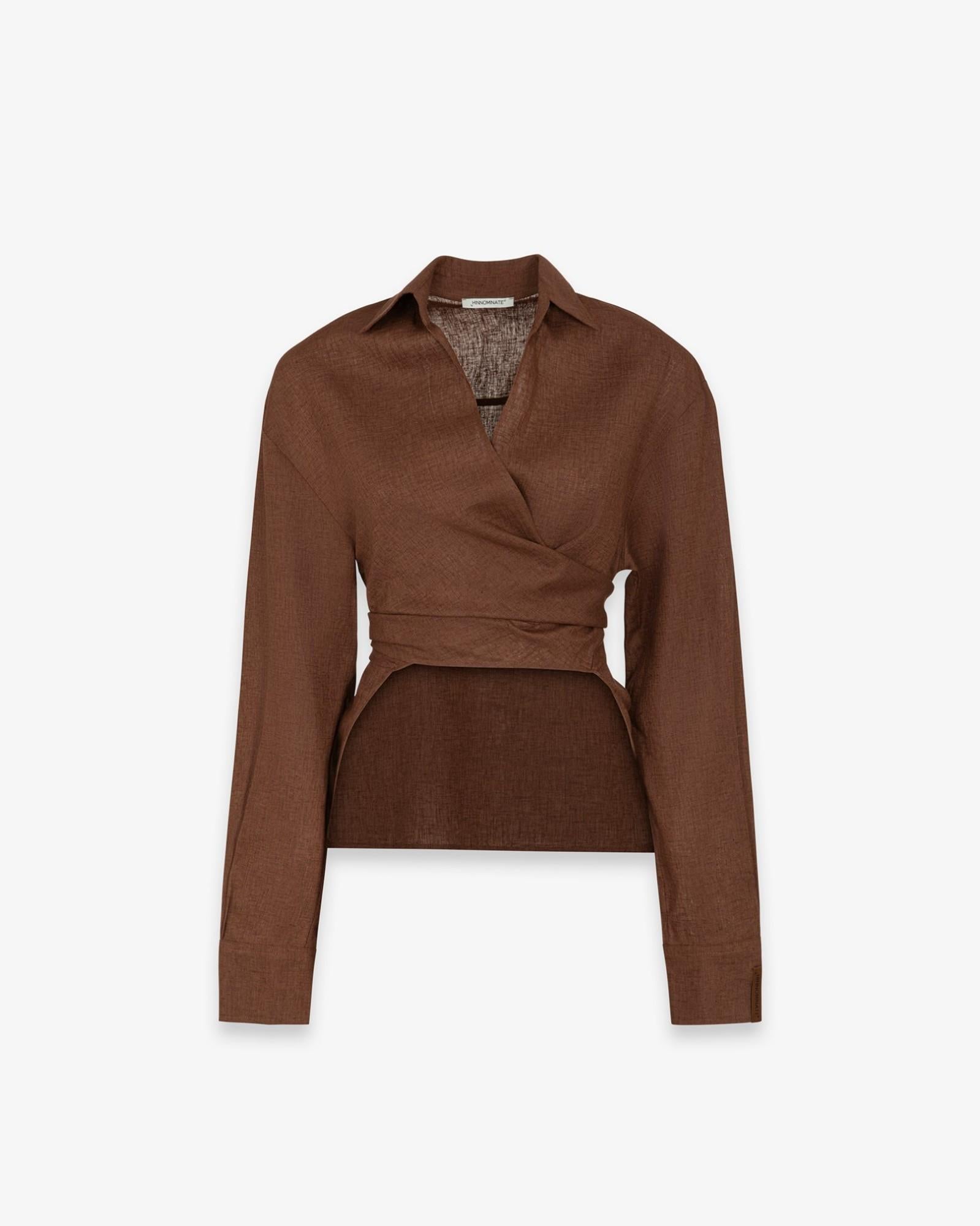 CAMICIA DONNA CORTA IN LINO CON NODO SUL DAVANTI MOKA HINNOMINATE HMABW02633 MOKA HINNOMINATE 