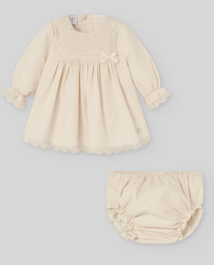 ABITO NEONATA CON PUNTO SMOKE  E PIZZO BEIGE PAZ RODRIGUEZ 104-159106 BEIGE PAZ RODRIGUEZ 
