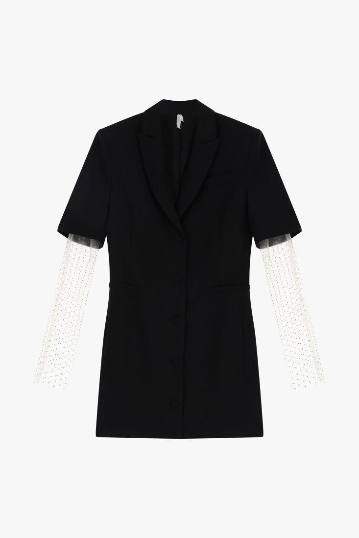 Vestito corto abbottonato con revers e guanti in tulle