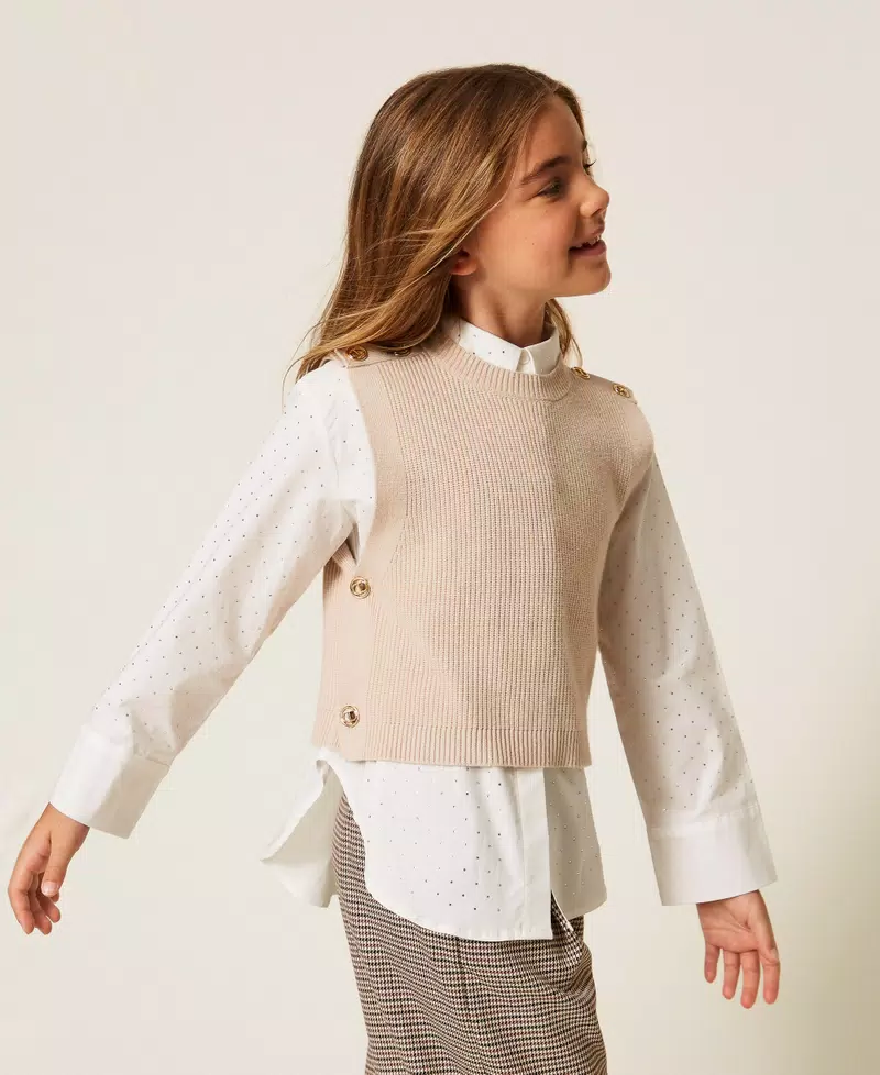 GILET BAMBINA IN MAGLIA CON COTTONI LOGATI BEIGE TWINSET 252GJ3062 BISCUIT TWINSET KIDS 