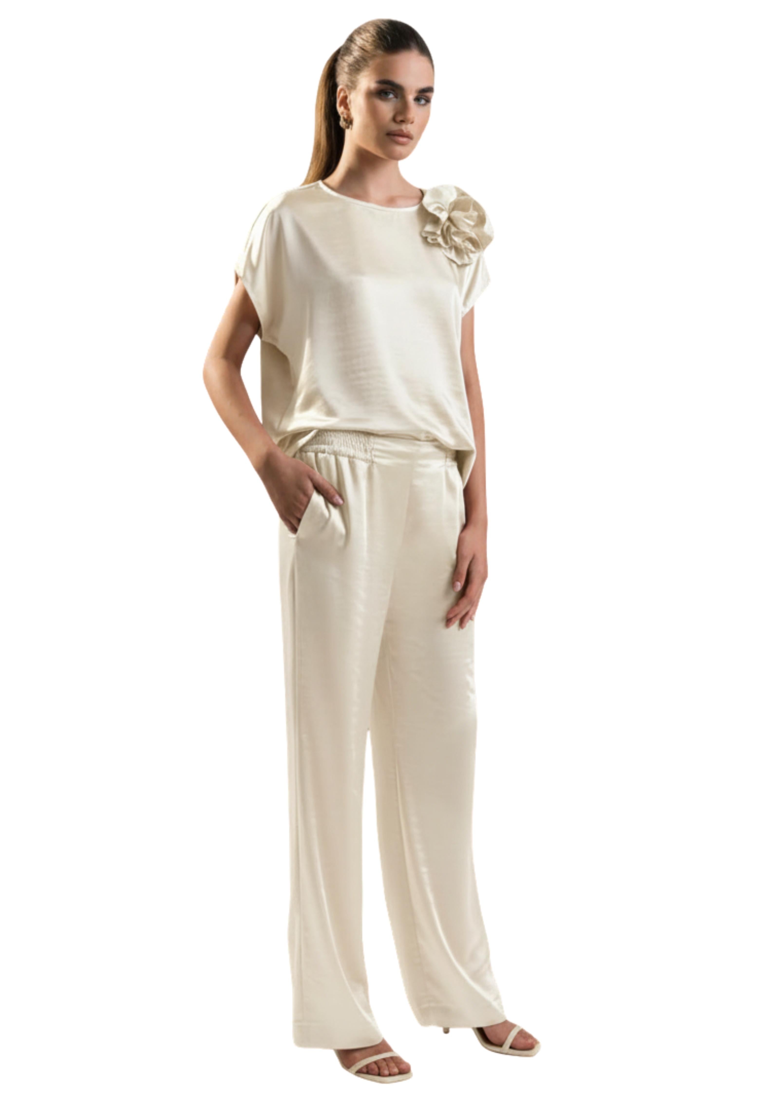 PANTALONE DONNA PALAZZO CON ELASTICO SATIN AVORIO SK26095 AVORIO SHIKI 