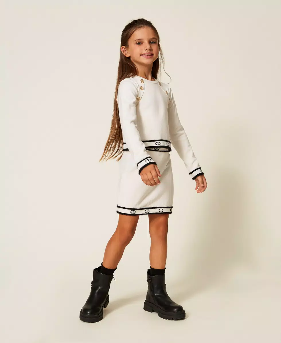 GONNA BAMBINA IN MAGLI CON LOGO IN VITA E SUL FONDO NERA TWINSET 252GJ3072 BIANCO-NERO TWINSET KIDS 