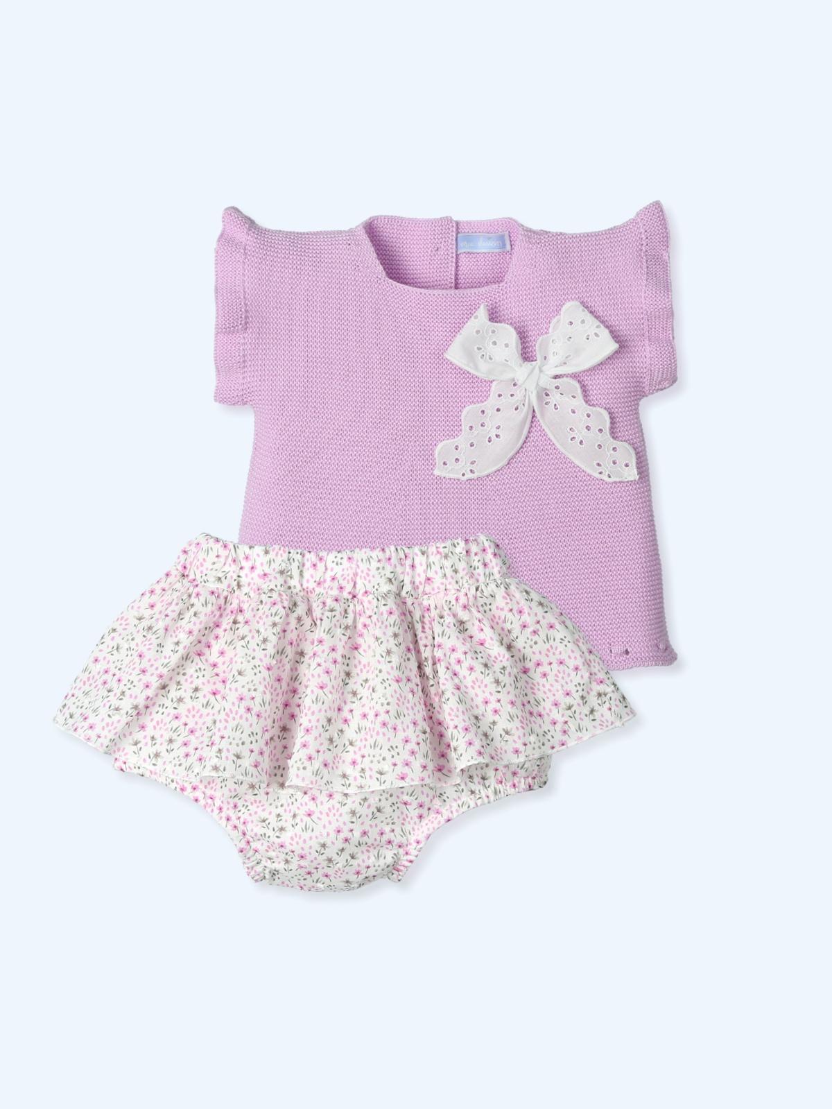 t-shirt in maglia con fiocco in pizzo ricamato e culotte in cotone stampato plumeti con volant. 9731 PASTEL MAC ILUSION KIDS 