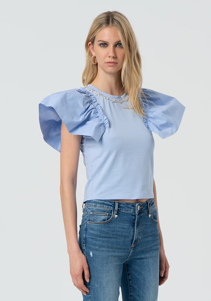 T-shirt regular in jersey con gale in popeline su giromanica FR25ST3030J401V5 SKY FRACOMINA 