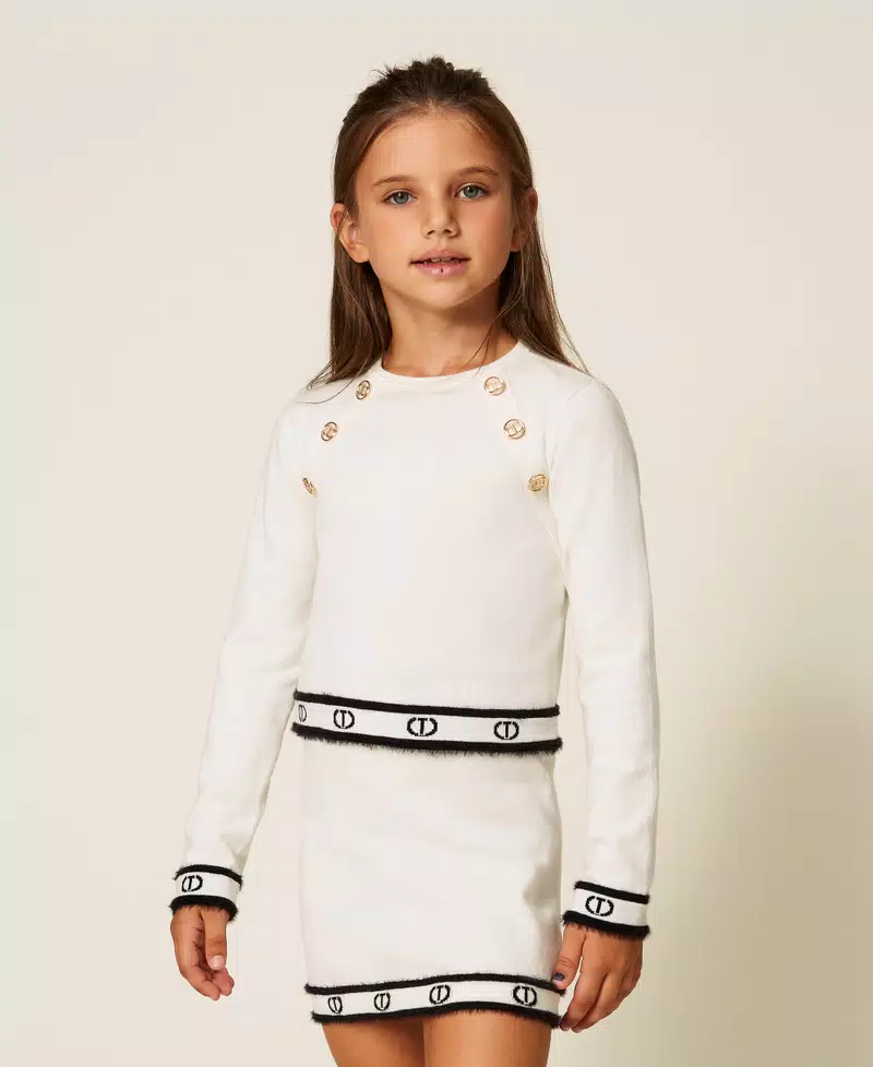 magliaBAMBINA CROPPED IN MAGLIA CON logo ovaL e bottoni ORO NERA TWINSET 252GJ3073 BIANCO-NERO TWINSET KIDS 