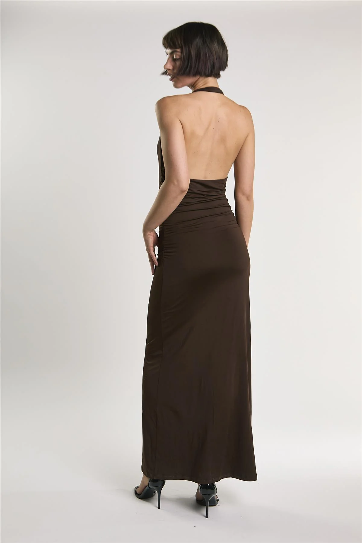 ABITO LUNGO SCOLLO AMERICAMO AN5601 CIOCCOLATO GLAMOROUS 