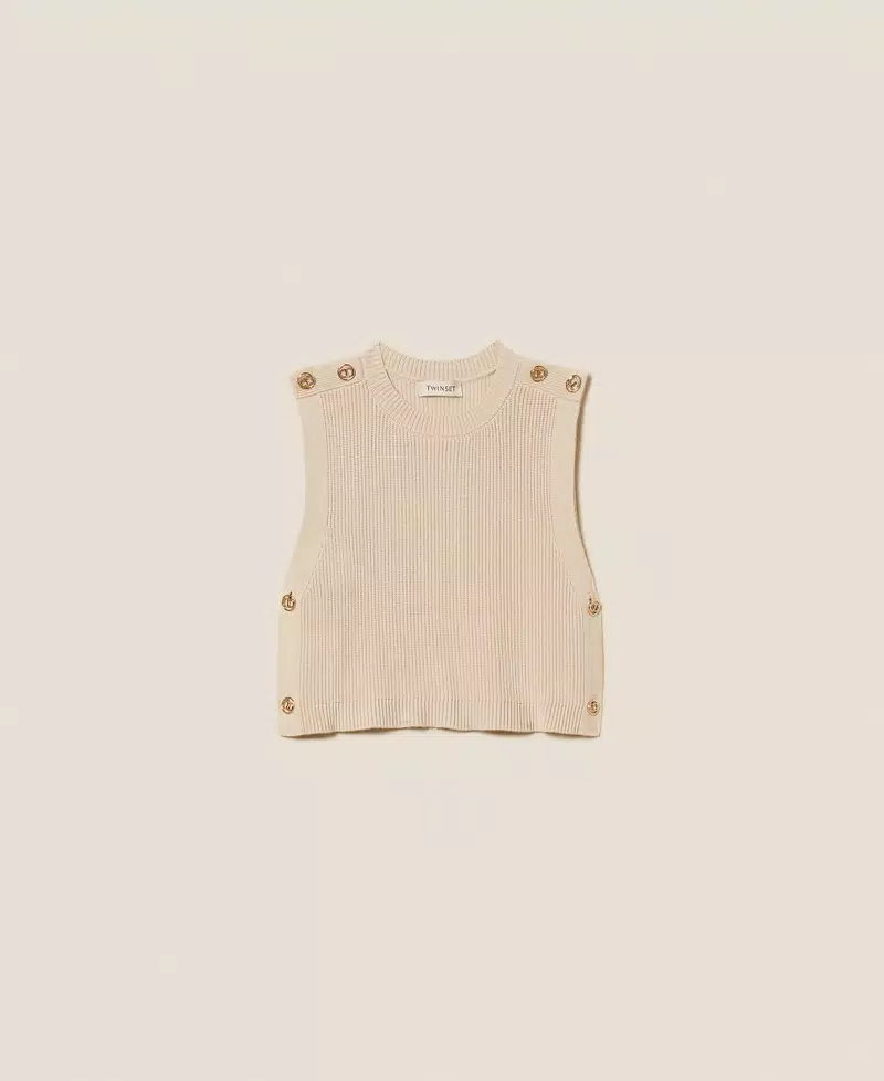 GILET BAMBINA IN MAGLIA CON COTTONI LOGATI BEIGE TWINSET 252GJ3062 BISCUIT TWINSET KIDS 