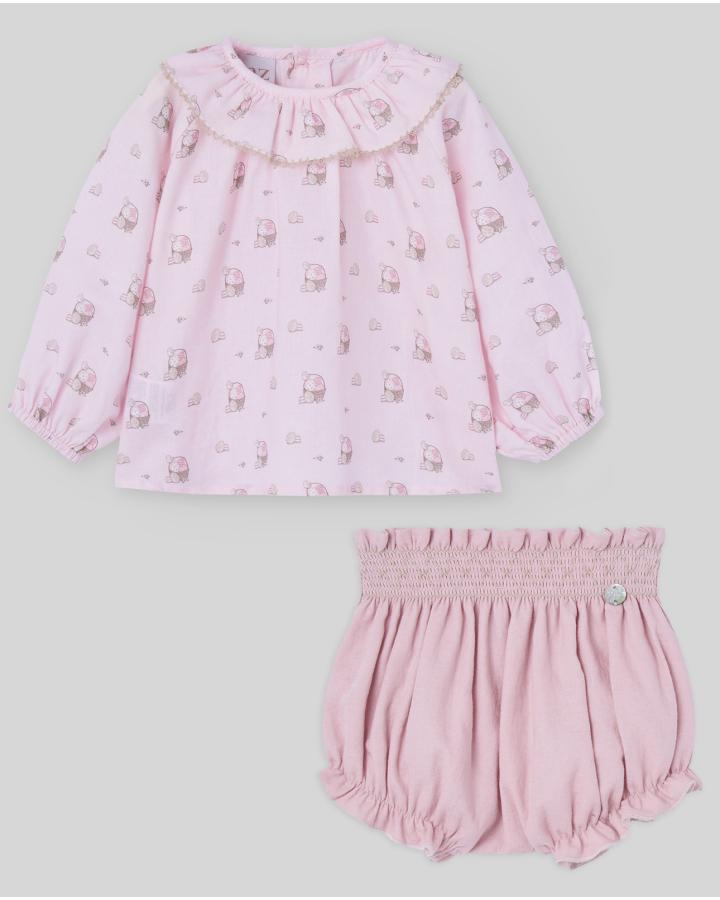 COORDINATO NEONATA CAMICIA E CULOTTE ROSA PAZ RODRIGUEZ 106-153113 PANNA-ROSA PAZ RODRIGUEZ 