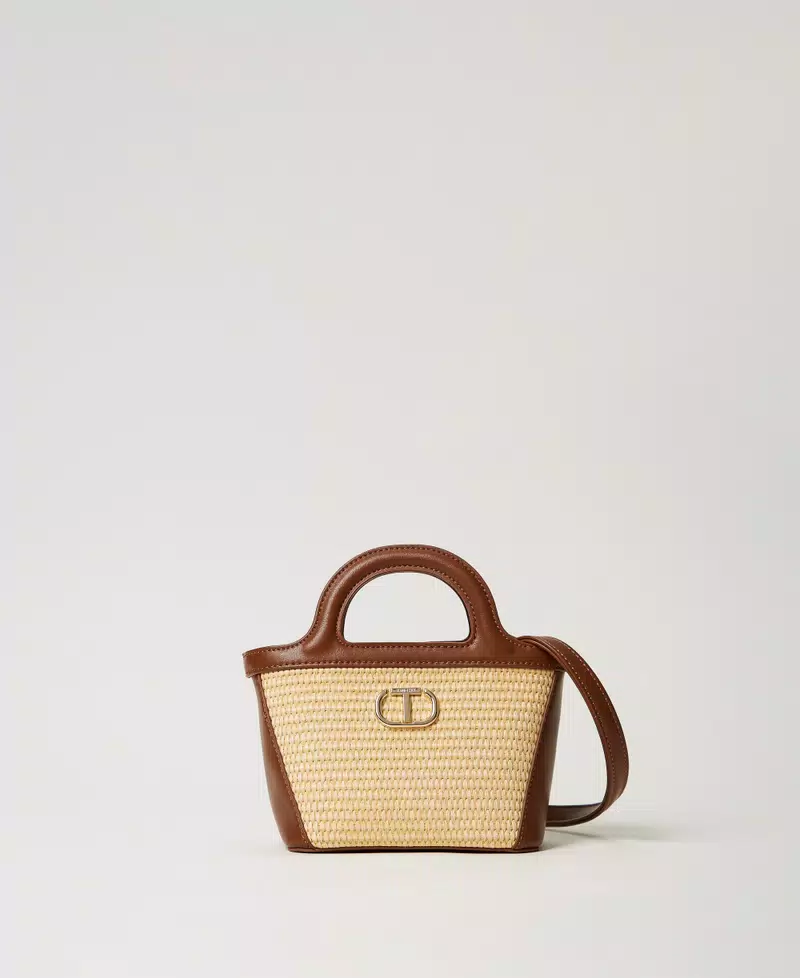 Borsa a tracolla effetto paglia con Oval T<BR/> 251GJ8012 PAGLIA-CUOIO TWINSET KIDS 