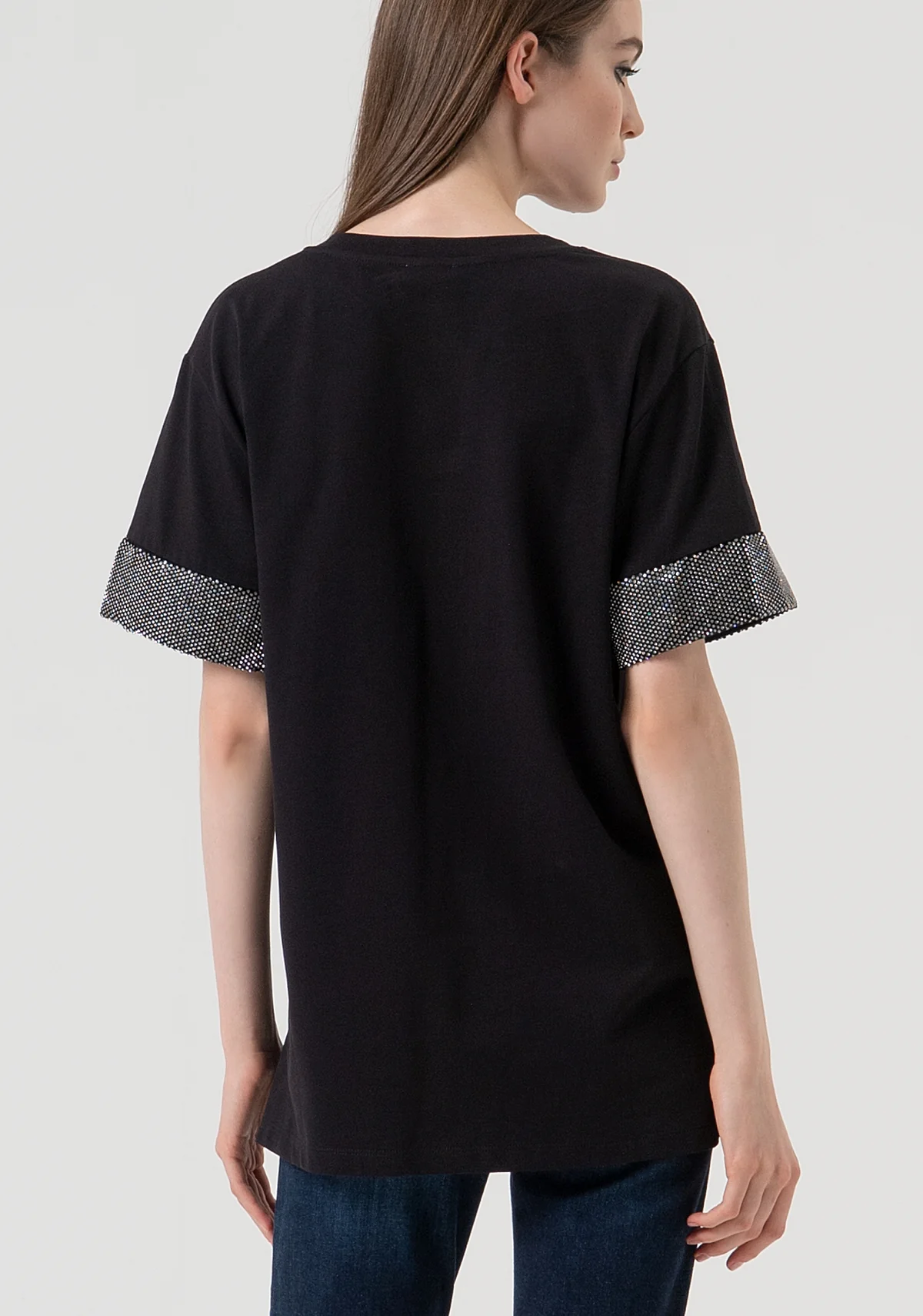 T-SHIRT DONNA OVER SIZE CON STRASS SULLE MANICHE NERA FRACOMINA FR25WT3057J400R9 BLACK FRACOMINA 