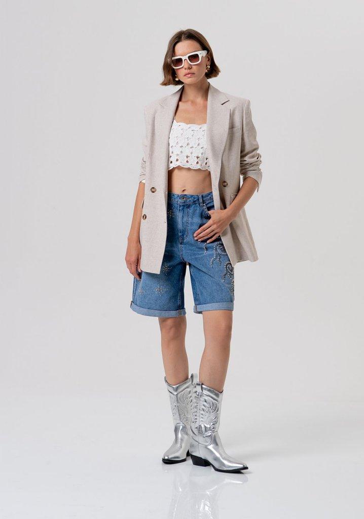 Bermuda DONNA flare in denim con lavaggio medio ed applicazioni luminose FRACOMINA FR26SV6025D419R9 DENIM FRACOMINA 