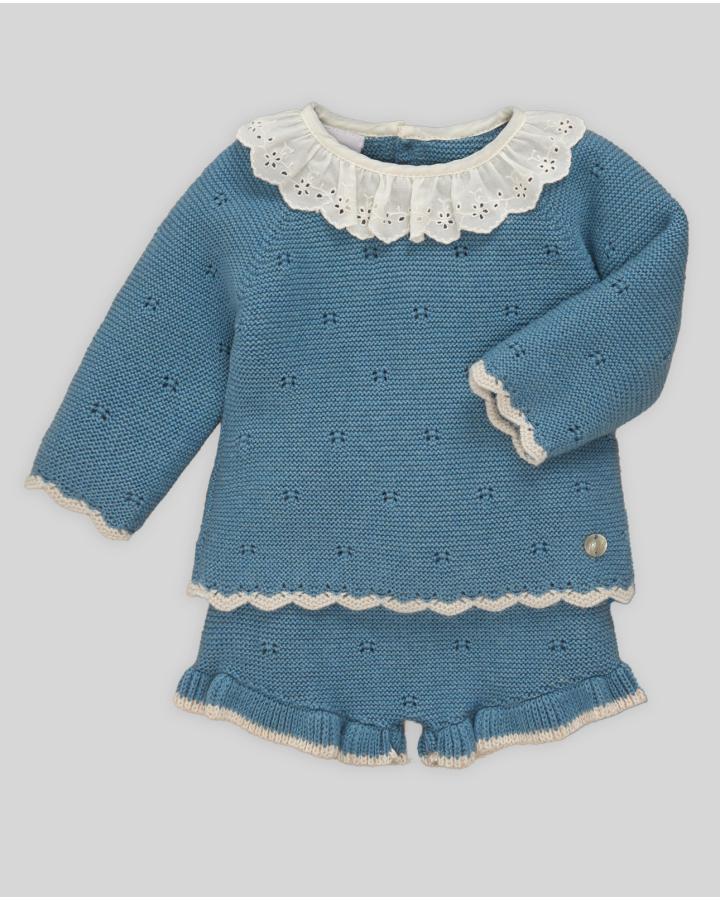 COORDINATO NEONATA MAGLIA CON COLLO E PANTALONCINO IN LANA PETROLIO PAZ RODRIGUEZ 103C-123123 UNICO PAZ RODRIGUEZ 