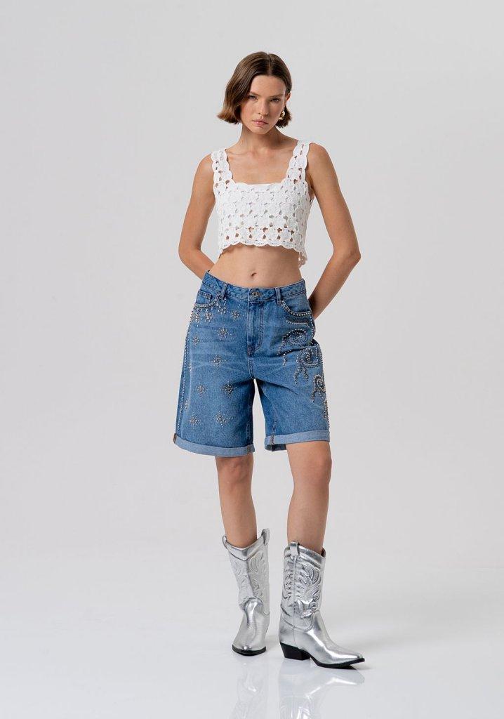 Bermuda DONNA flare in denim con lavaggio medio ed applicazioni luminose FRACOMINA FR26SV6025D419R9 DENIM FRACOMINA 