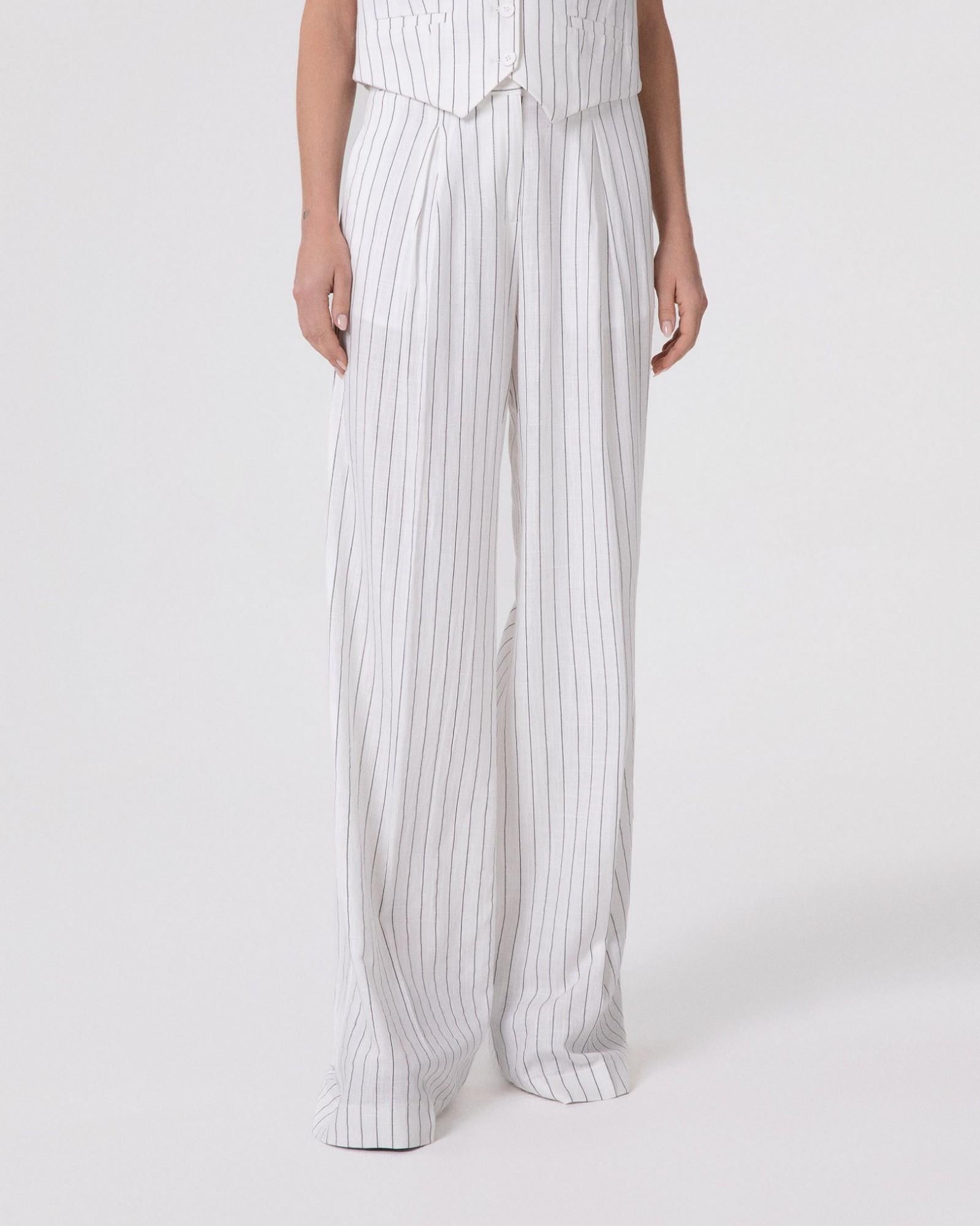 pantalone donna palazzo con pences in lino gessato bianco hinnominate HMABW02655 BIANCO HINNOMINATE 