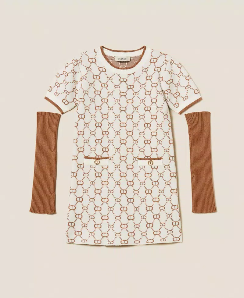 ABITO BAMBINA corto in maglia jacquard con manicotti PAPIRO TWINSET 253GJ3020 PAPIRO LOGO CAMEL TWINSET KIDS 