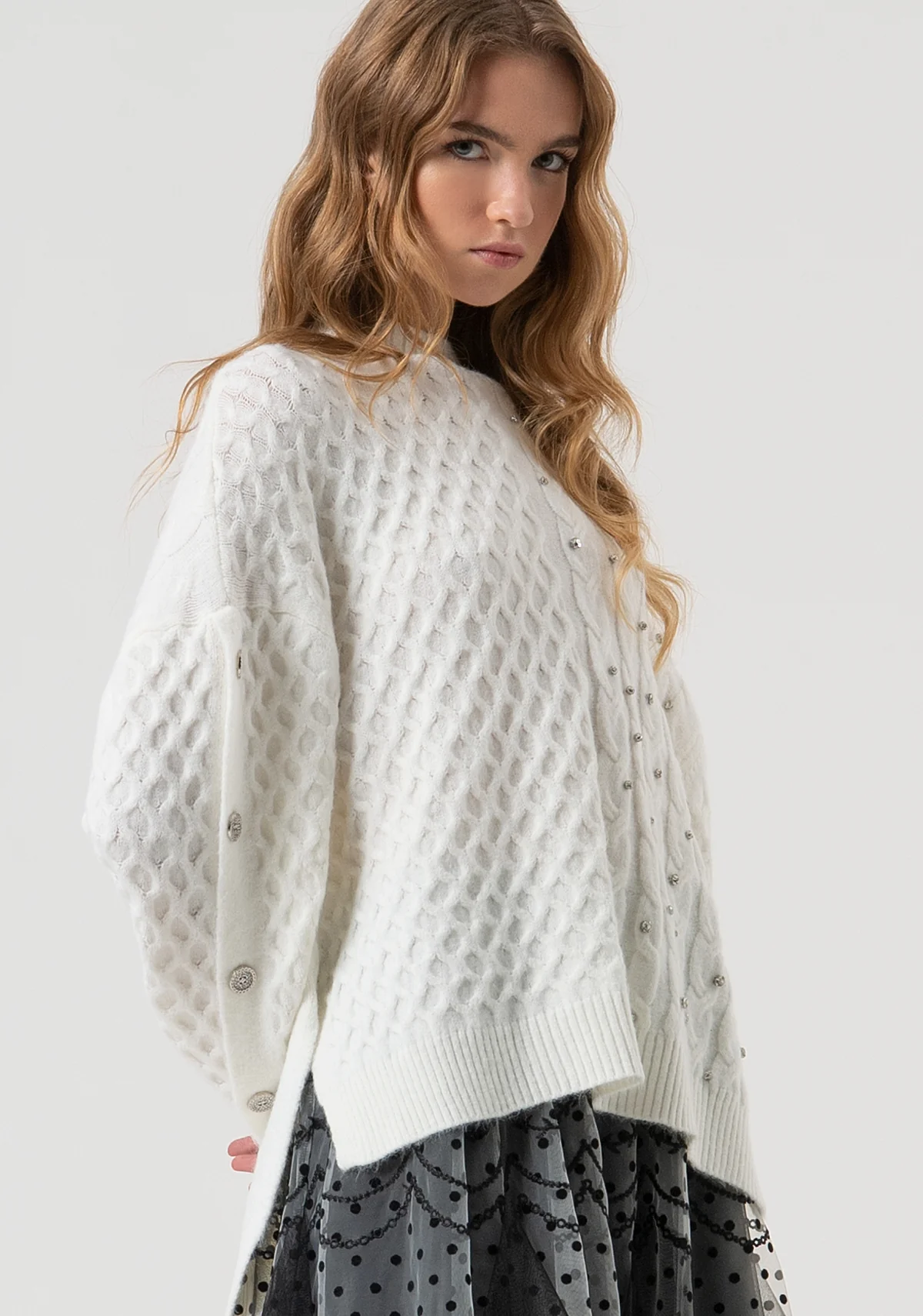 MAGLIA DONNA OVERSIZE CON STRASS APPLICATI CREAM FRACOMINA FR25WT7037K47101 CREAM FRACOMINA 