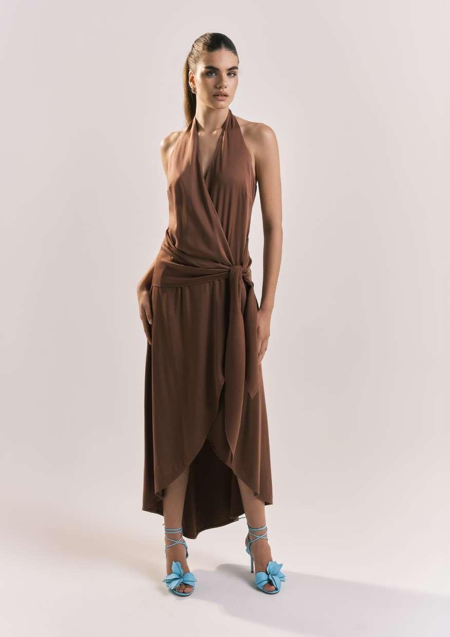 ABITO DONNA MIDI ASIMETTRICO CON NODO CIOCCOLATO SHIKI SK26077 CIOCCOLATO SHIKI 