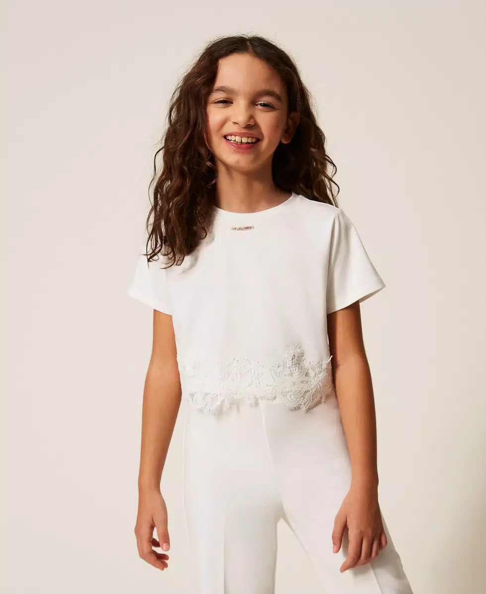 T-SHIRT BAMBINA CON PIZZO E LOGO BIANCO TWINSET 261GJ2090 BIANCO TWINSET KIDS 